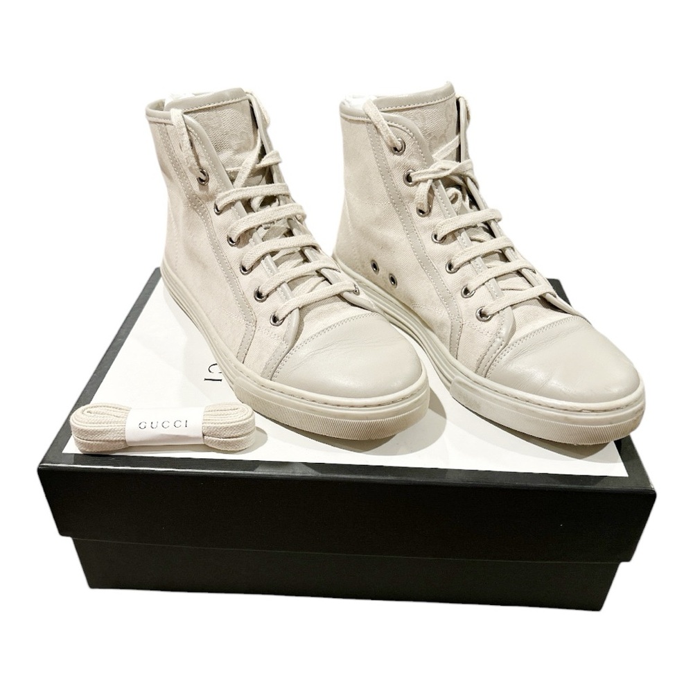Gucci Brooklyn GG High Top Sneakers White Gray Monogram EU 37.5 US 7.5 Cap Toe